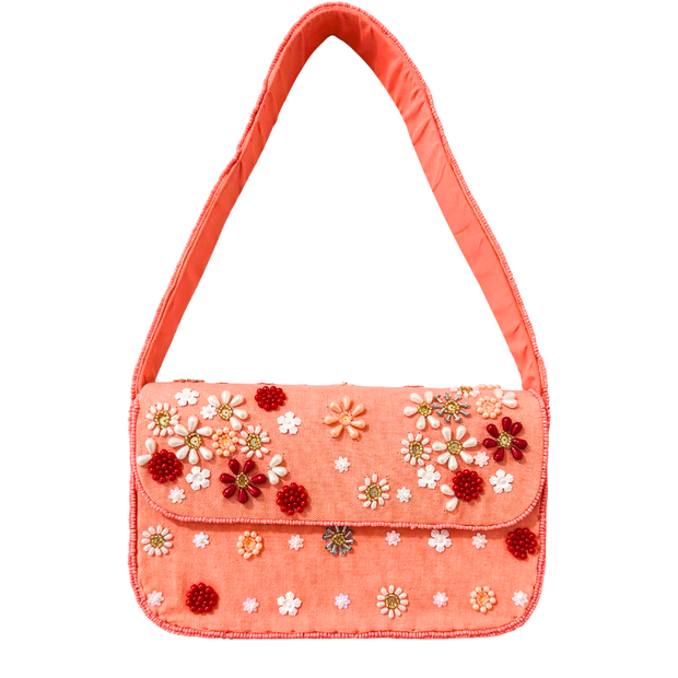 Peach Beaded Shoulder Bag – Handmade Floral Summer Purse
