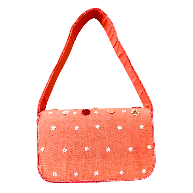 Peach Beaded Shoulder Bag – Handmade Floral Summer Purse