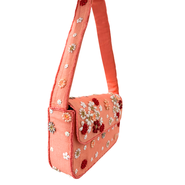 Peach Beaded Shoulder Bag – Handmade Floral Summer Purse