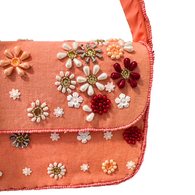 Peach Beaded Shoulder Bag – Handmade Floral Summer Purse