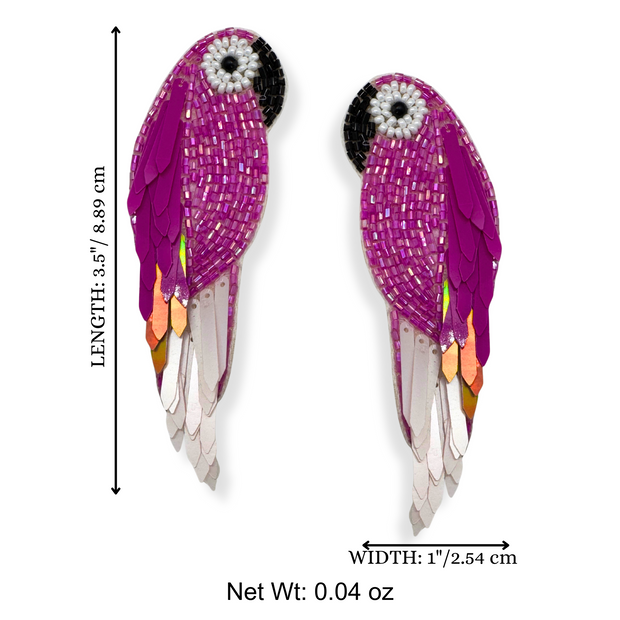 Parrot Stud Earrings Handmade Beaded Charm Jewelry- Fuchsia