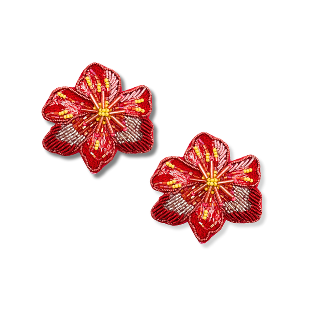 Small Beaded Flower Post Handmade Stud Earrings Red Charm Gift