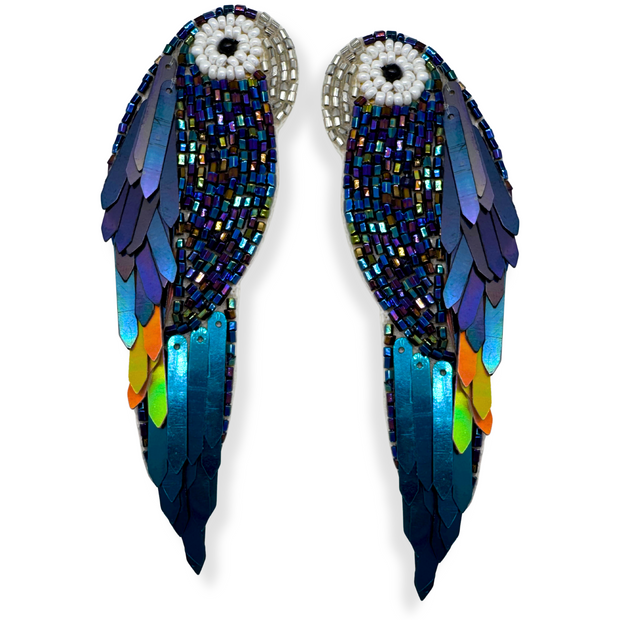 Parrot Stud Earrings Handmade Beaded Charm Jewelry- Iridescent Navy Blue