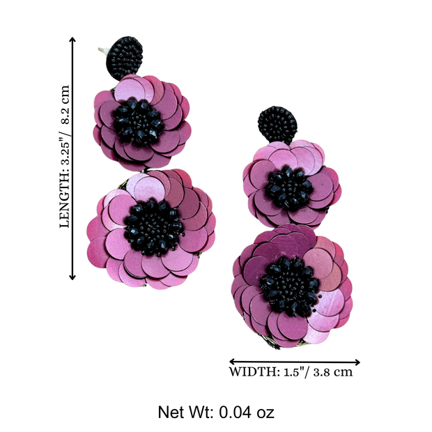 Flower Earrings Charm Handmade Jewelry Plum Sequin Statement Gift
