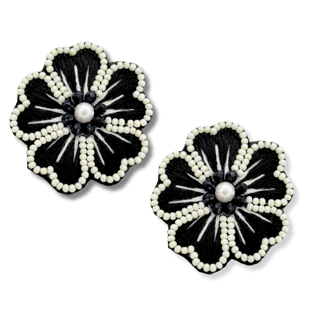 Black Flower Post Handmade Beaded Pearl Stud Earrings