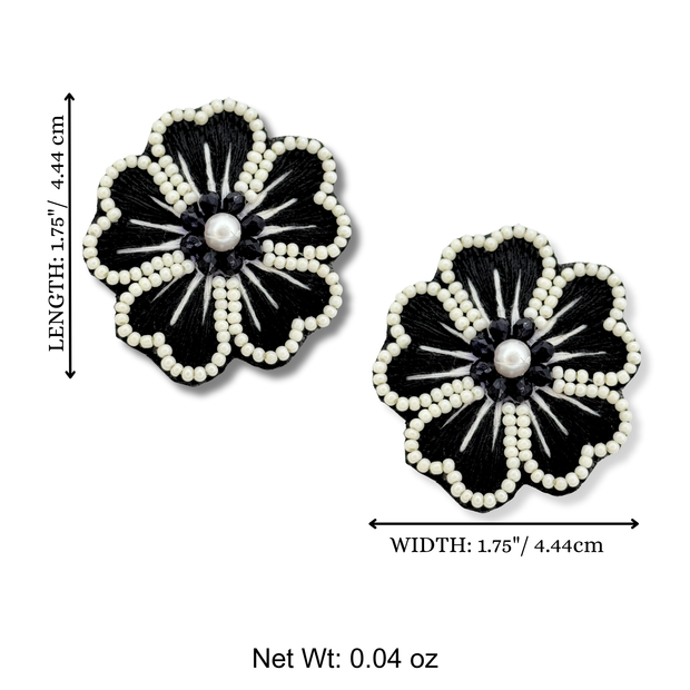 Black Flower Post Handmade Beaded Pearl Stud Earrings