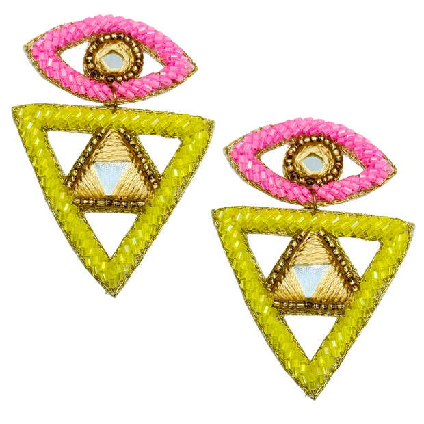 Evil Eye Dangle Beaded Triangle Handmade Charm Earrings