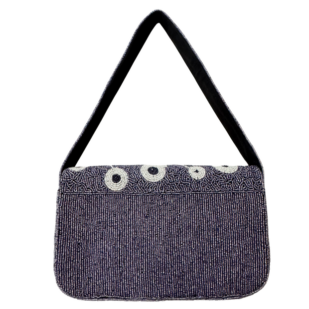 Grey Beaded Floral Shoulder Bag – Handmade Elegant Purse with White Round Flowers