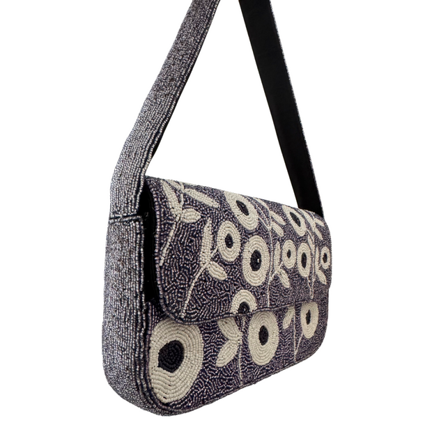Grey Beaded Floral Shoulder Bag – Handmade Elegant Purse with White Round Flowers