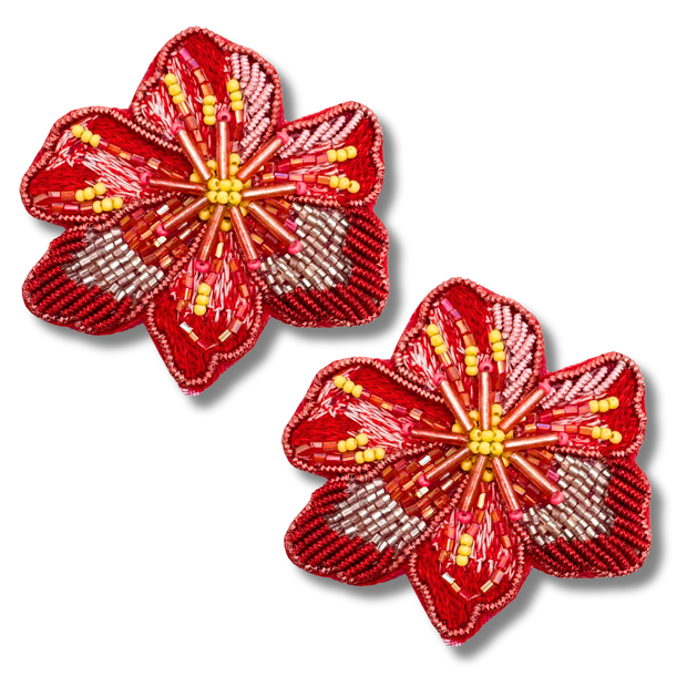 Beaded Flower Post Handmade Stud Earrings Red Charm Gift