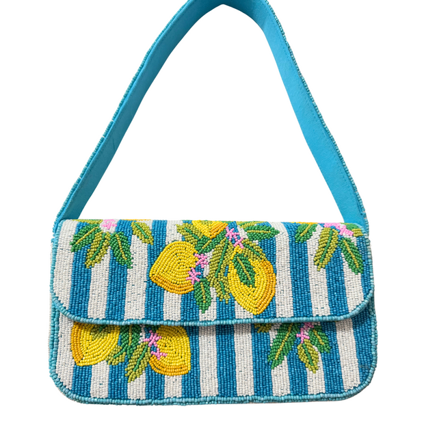 Blue & White Lemon Beaded Shoulder Bag