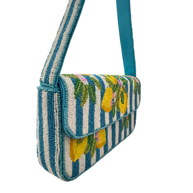 Blue & White Lemon Beaded Shoulder Bag