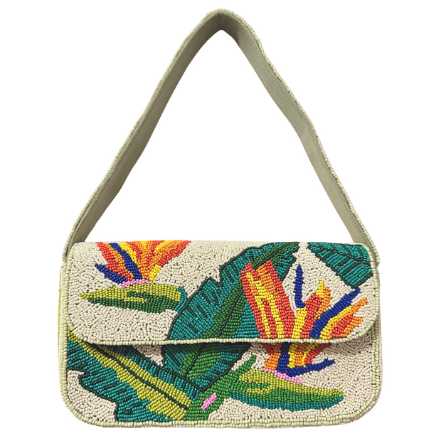 Tropical Palm Leaf Beaded Clutch, Beaded shoulder bag