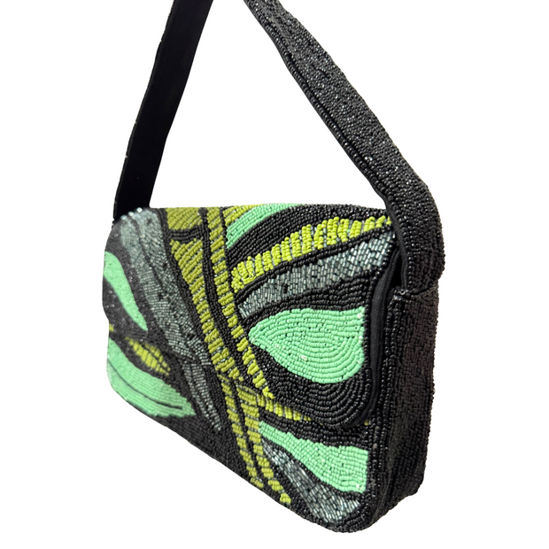 Palm Leaf Beaded Shoulder Bag – Black & Green Handcrafted Clutch