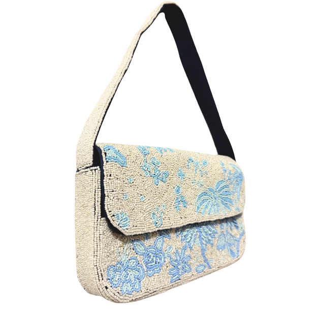 White & Blue Palm Tree Beaded Shoulder Bag