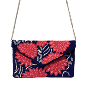 Red Floral Beaded Clutch Purse | Handmade Party Bag with Chain