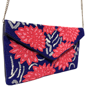 Red Floral Beaded Clutch Purse | Handmade Party Bag with Chain