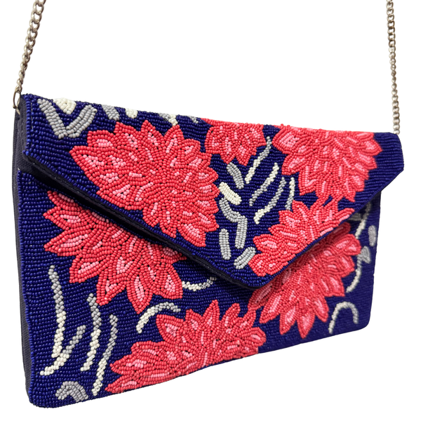 Red Floral Beaded Clutch Purse | Handmade Party Bag with Chain