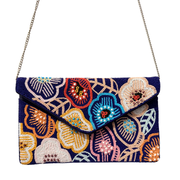 Floral Beaded Clutch Bag – Handmade Navy Envelope Purse with Colorful Flowers