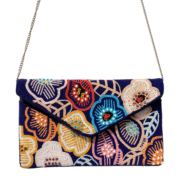 Floral Beaded Clutch Bag – Handmade Navy Envelope Purse with Colorful Flowers