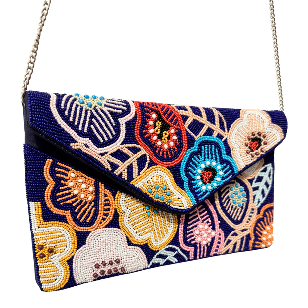 Floral Beaded Clutch Bag – Handmade Navy Envelope Purse with Colorful Flowers