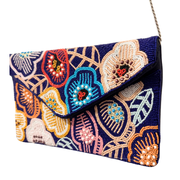 Floral Beaded Clutch Bag – Handmade Navy Envelope Purse with Colorful Flowers