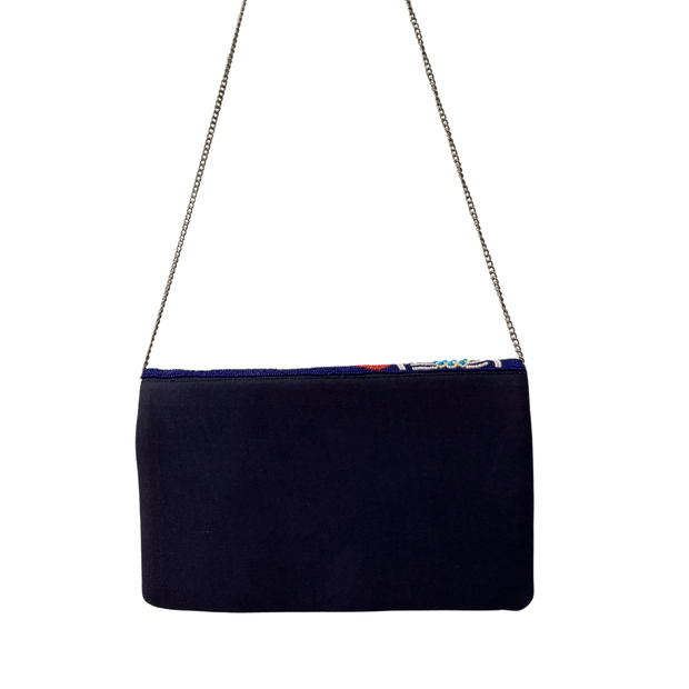 Floral Beaded Clutch Bag – Handmade Navy Envelope Purse with Colorful Flowers
