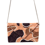 Brown Abstract Beaded Clutch Purse – Handmade Beaded Party Bag with Chain