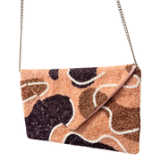 Brown Abstract Beaded Clutch Purse – Handmade Beaded Party Bag with Chain