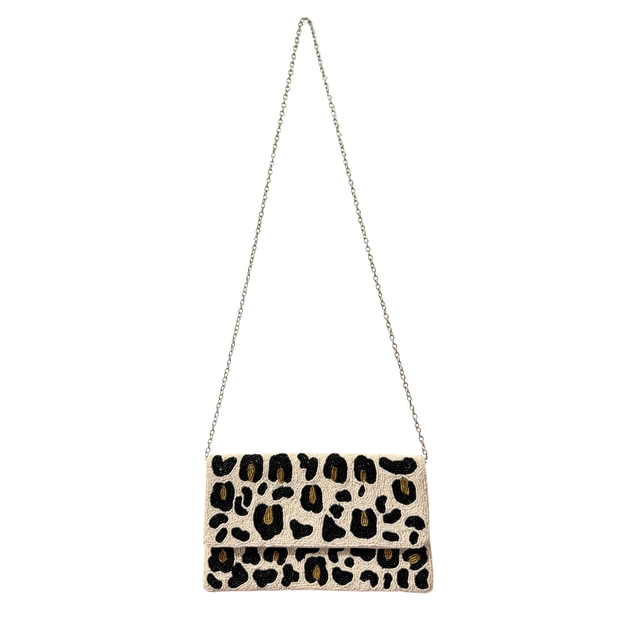 Leopard Beaded Clutch Purse – Handmade Animal Print beaded Bag with Chain