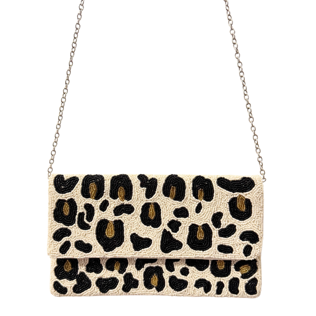 Leopard Beaded Clutch Purse – Handmade Animal Print beaded Bag with Chain