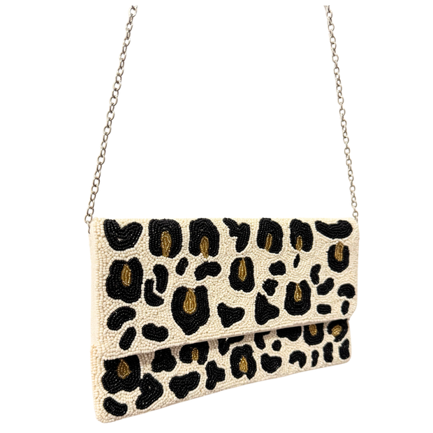 Leopard Beaded Clutch Purse – Handmade Animal Print beaded Bag with Chain