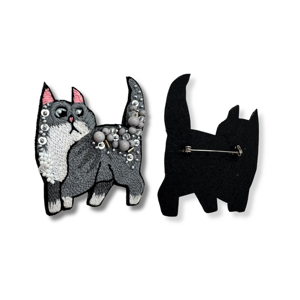Gray Cat Brooch Beaded Handmade Charm Jewelry Pet Lover Kitten Pin