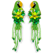 Green Parrot Fringe Earrings Handmade Beaded Jewelry