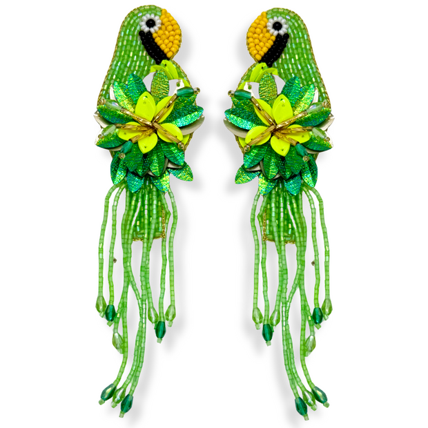 Green Parrot Fringe Earrings Handmade Beaded Jewelry