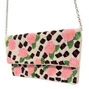 Pink Floral Beaded Clutch – Handmade Flower Purse, Embroidered Rose Handbag