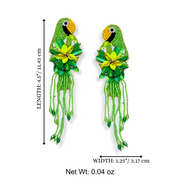 Green Parrot Fringe Earrings Handmade Beaded Jewelry