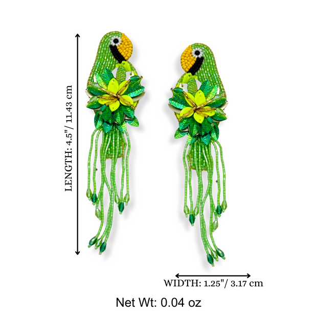 Green Parrot Fringe Earrings Handmade Beaded Jewelry