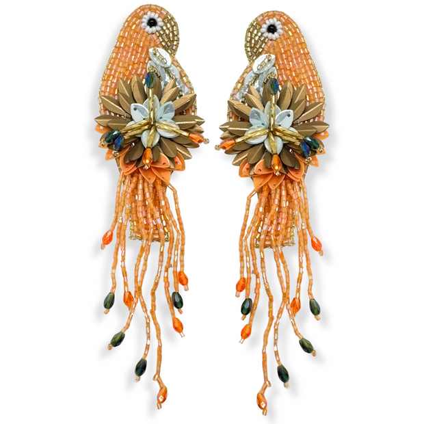 Orange Parrot Tropical Fringe Beaded Earrings