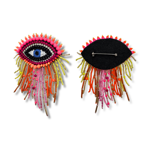 Evil Eye Brooch Beaded Handmade Charm Jewelry Neon Fringe Design