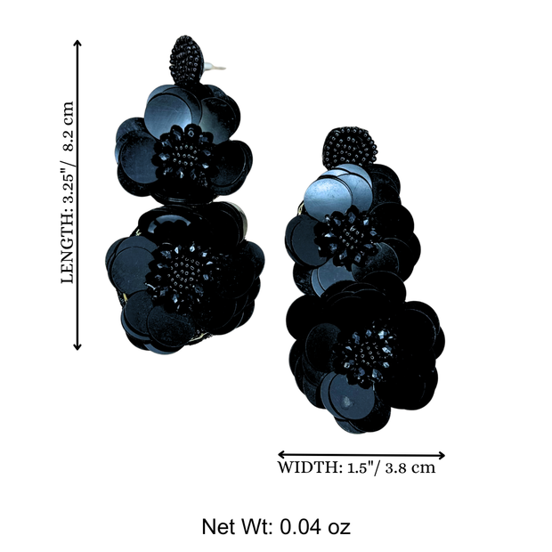 Flower Earrings Charm Handmade Jewelry Black Sequin Statement Gift