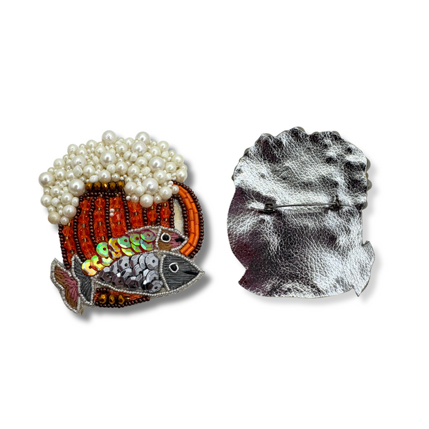 Beer Mug Brooch Beaded Handmade Charm Jewelry Fish Drink Lover Gift