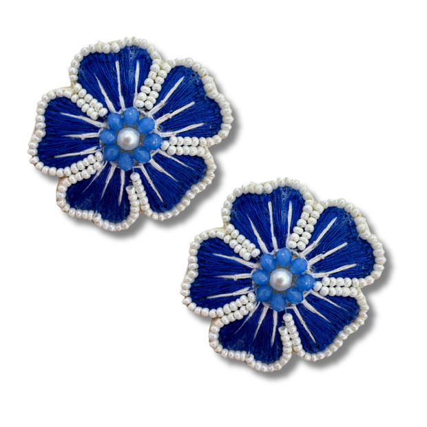 Flower Stud Earrings Beaded Handmade Charm Jewelry Blue Pearl Gift