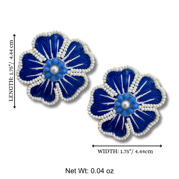 Flower Stud Earrings Beaded Handmade Charm Jewelry Blue Pearl Gift