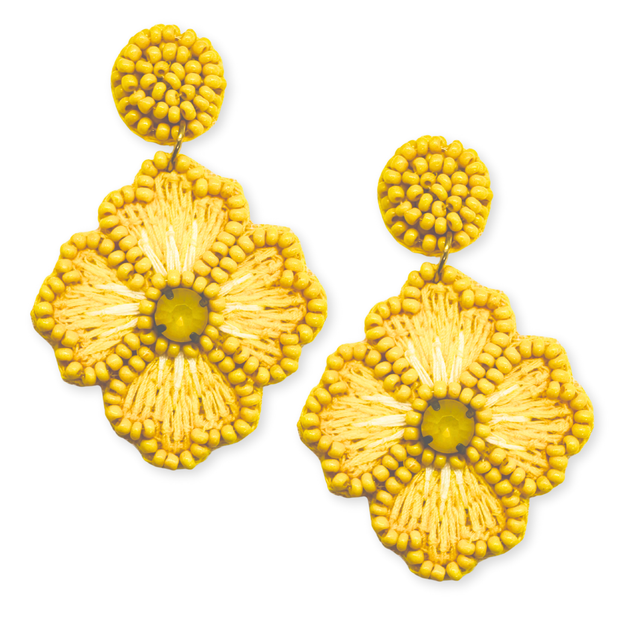 Blossom Flower Earrings Yellow Beaded Dangle Handmade Jewelry
