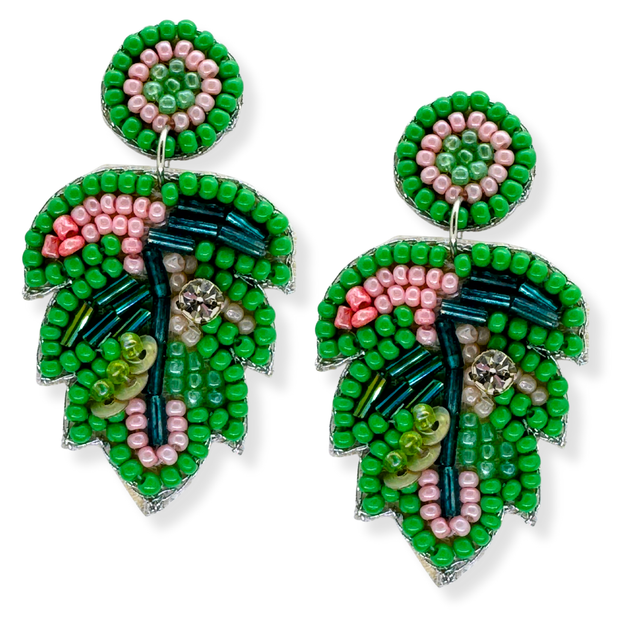 Tropical Leaf Green Earrings Handmade Beaded Jewelry