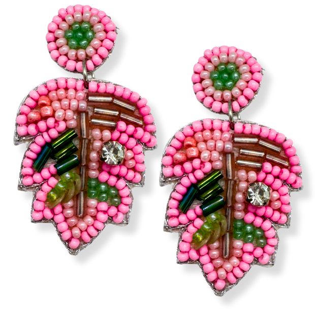 Tropical Leaf Pink Earrings Handmade Beaded Jewelry