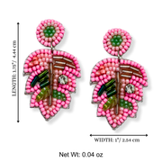 Tropical Leaf Pink Earrings Handmade Beaded Jewelry
