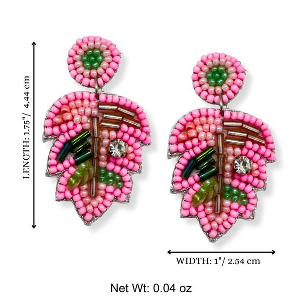 Tropical Leaf Pink Earrings Handmade Beaded Jewelry