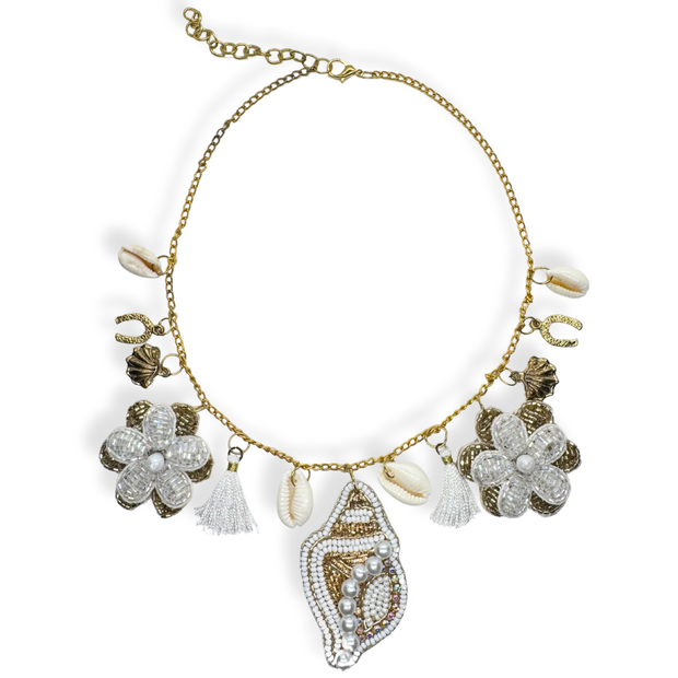 Seashell Charm Beaded Flower Handmade Jewelry Necklace